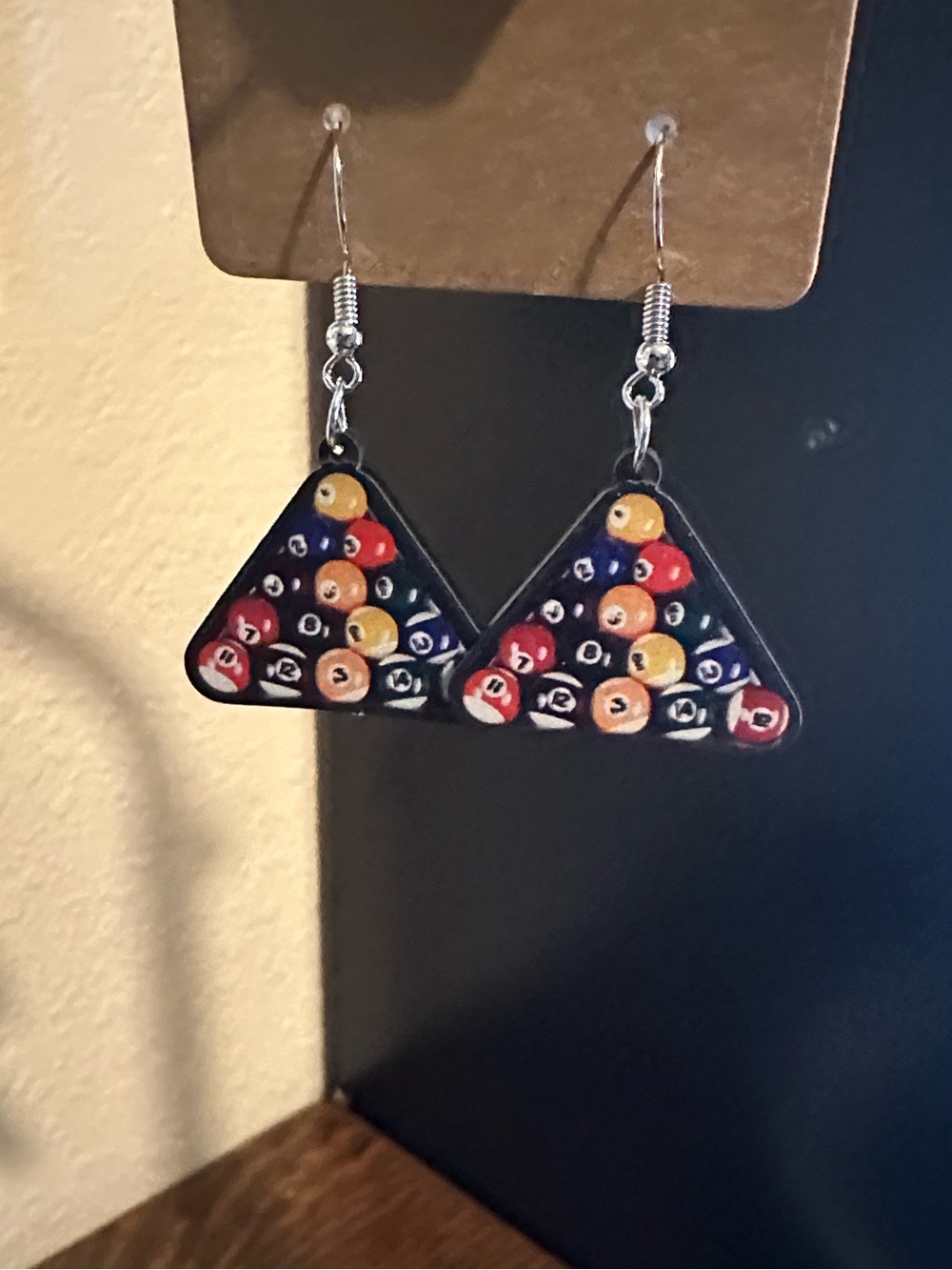 Novelty Billiard Triangle Drop Earrings - Black with Multicolor Pool Balls